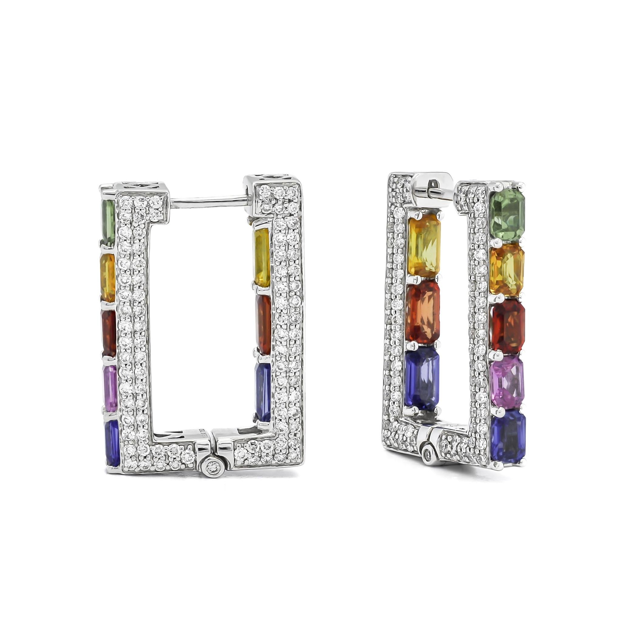 Créoles en or blanc 18 carats avec diamants naturels 1,55 ct et saphirs arc-en-ciel 4,54 ct en vente 2