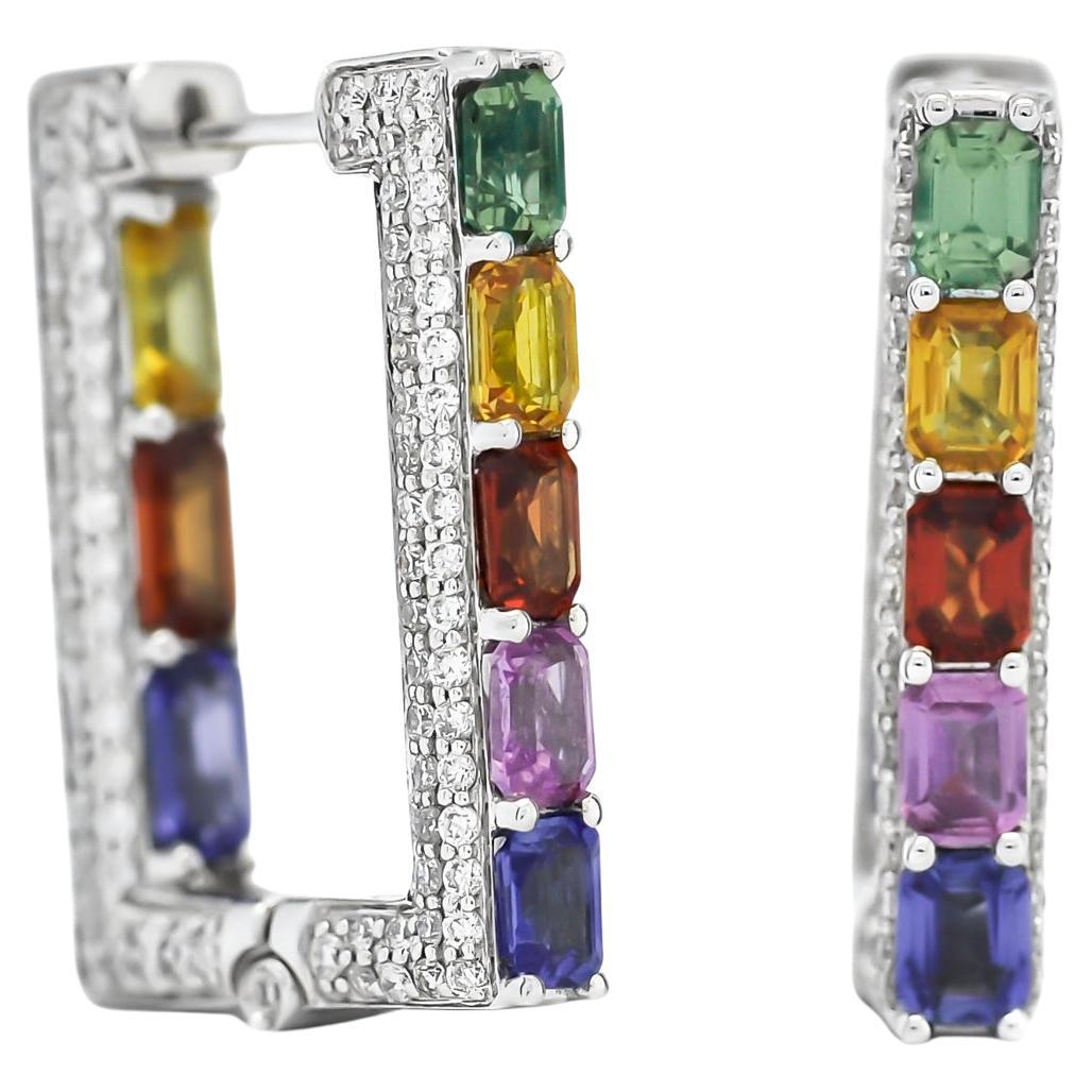 Natürliche Diamanten 1,55 Karat 18 Karat Weißgold 4,54 Karat Regenbogen-Saphire Creolen mit natürlichen Diamanten