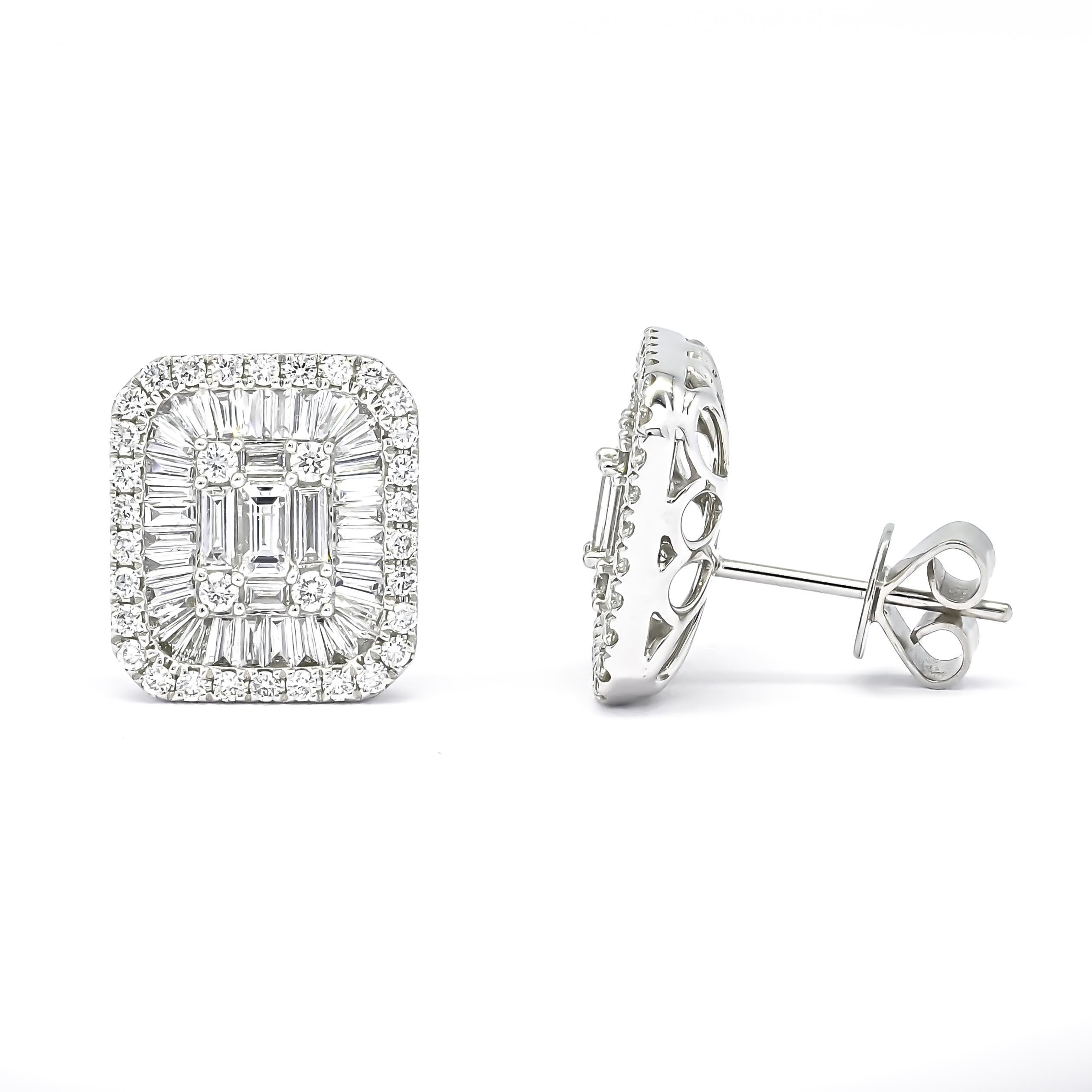 Art Deco  Natural Diamonds 1.80 CTS 18 Karat White Gold  Halo Cluster Stud Earrings For Sale