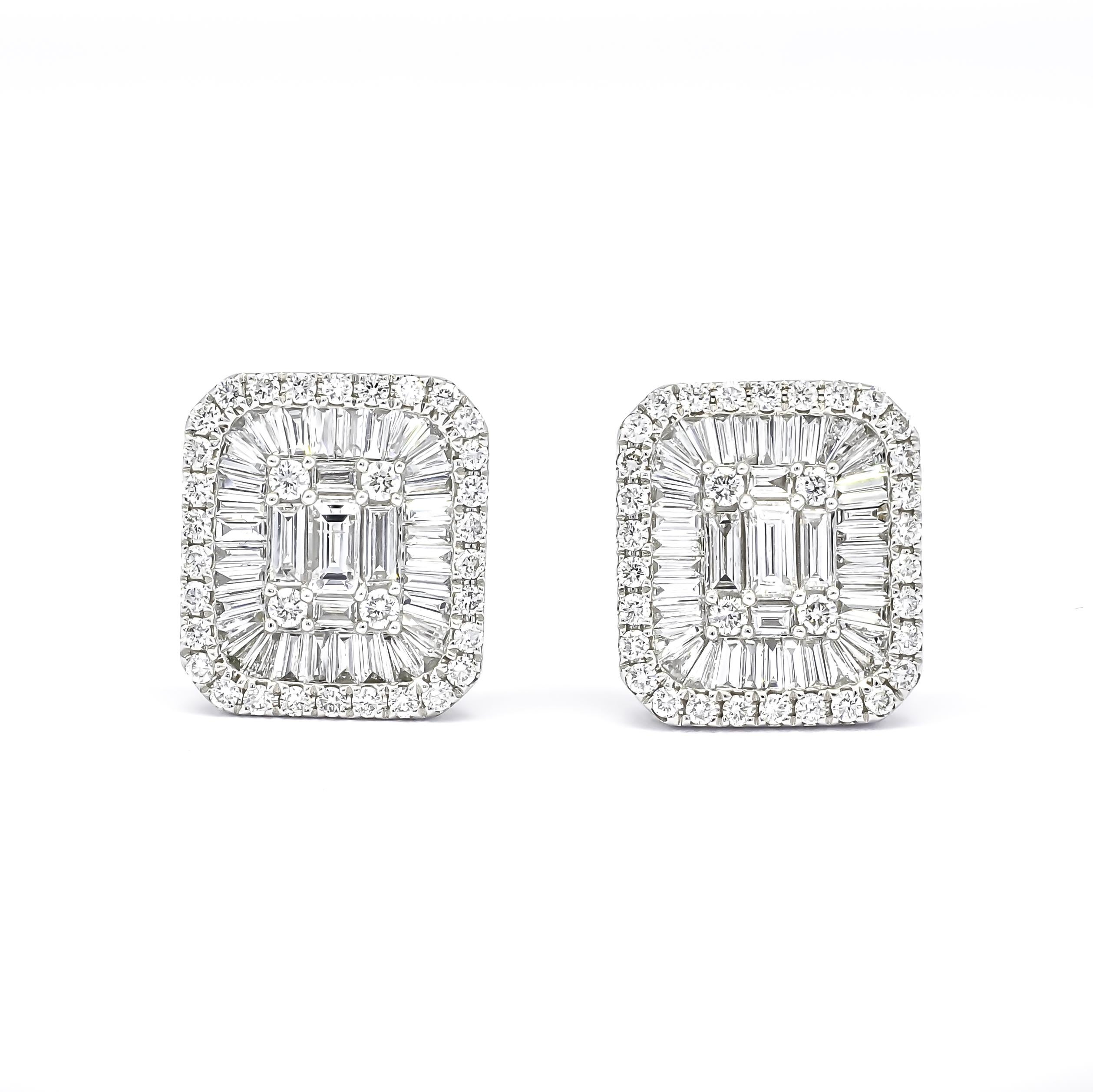 Baguette Cut  Natural Diamonds 1.80 CTS 18 Karat White Gold  Halo Cluster Stud Earrings For Sale