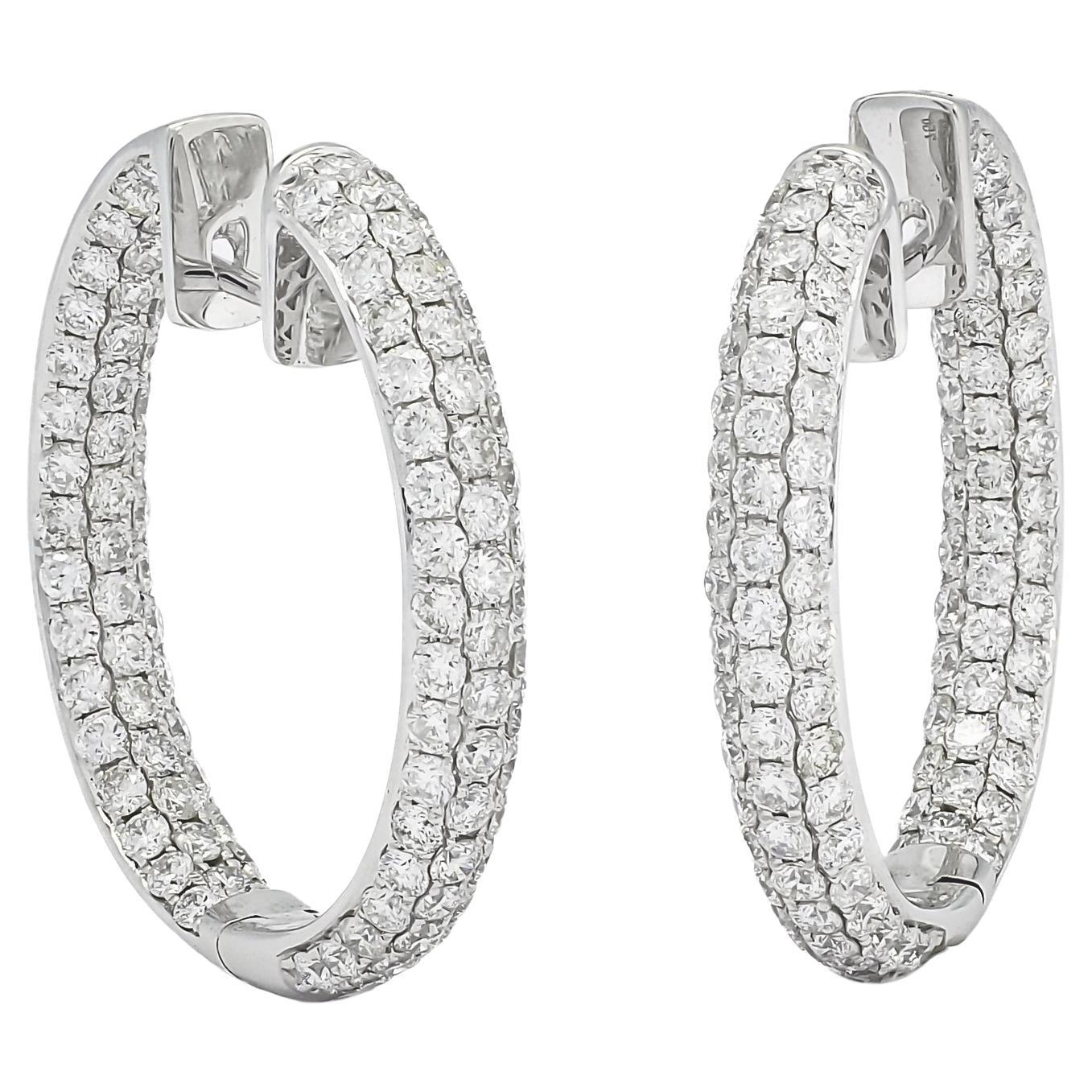 Natural Diamonds 4.55 Carats 18 Karat White Gold 'in and Out' Hoop Earrings  For Sale