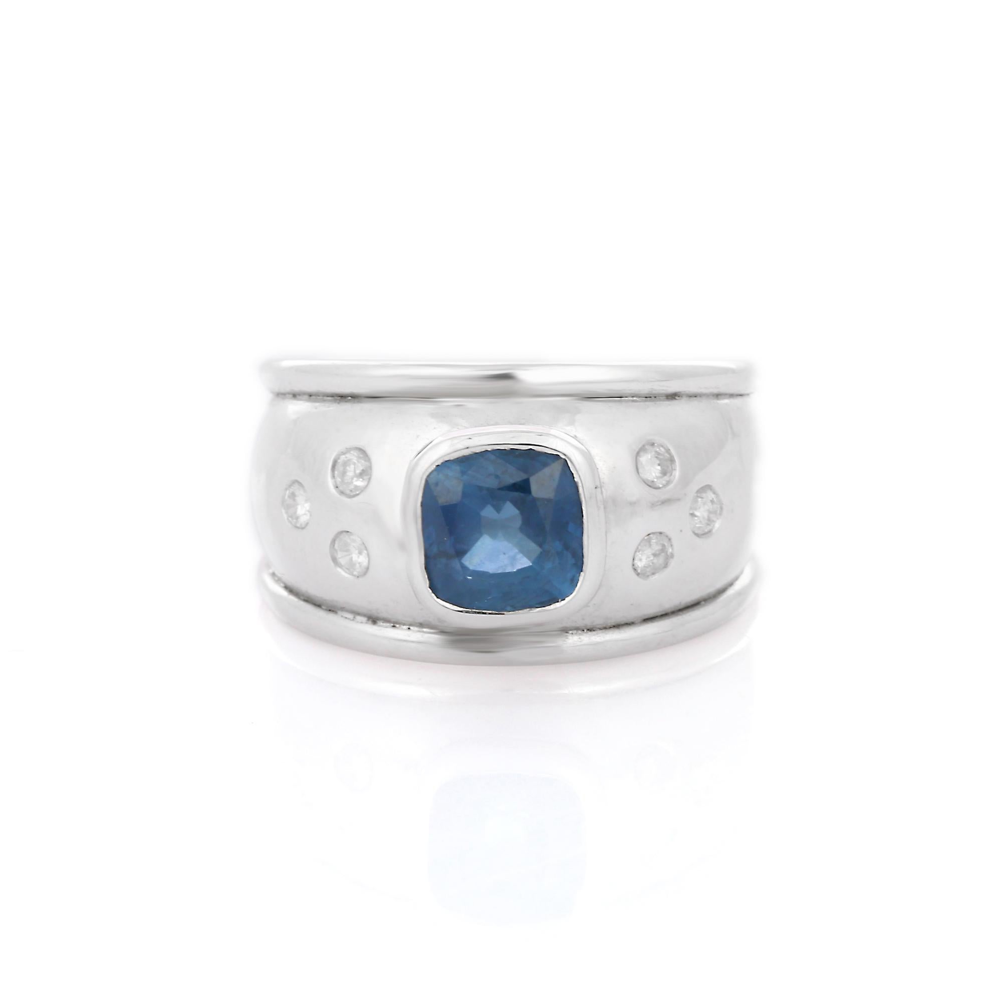 For Sale:  Unisex Natural Blue Sapphire and Diamond Dome Band Ring 18k Solid White Gold 2