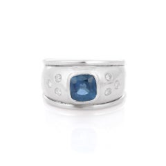 Unisex Natural Blue Sapphire and Diamond Dome Band Ring 18k Solid White Gold