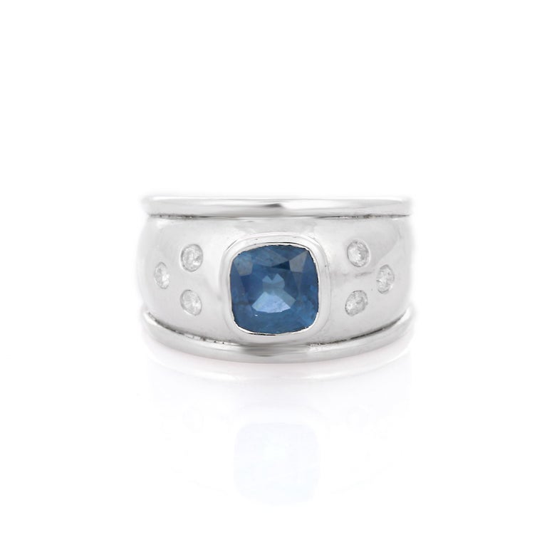 For Sale:  Natural Diamonds and Blue Sapphire 18K White Gold Dome Engagement Ring  2