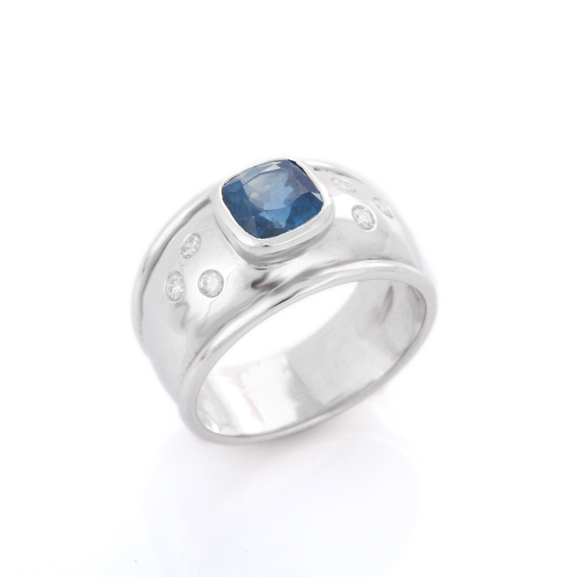 For Sale:  Unisex Natural Blue Sapphire and Diamond Dome Band Ring 18k Solid White Gold 5