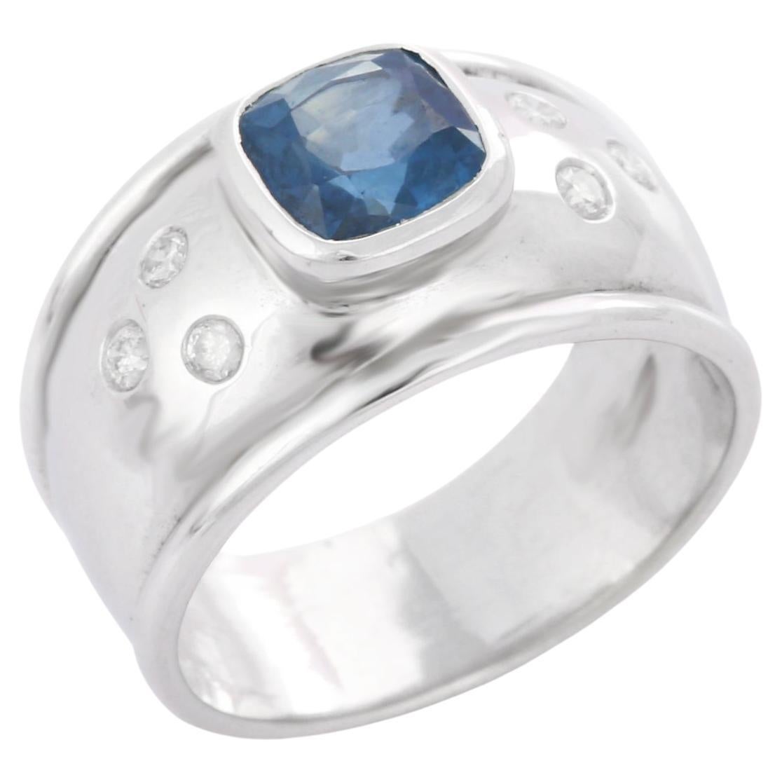 Unisex Natural Blue Sapphire and Diamond Dome Band Ring 18k Solid White Gold