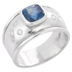 Natural Diamonds and Blue Sapphire 18K White Gold Dome Engagement Ring 