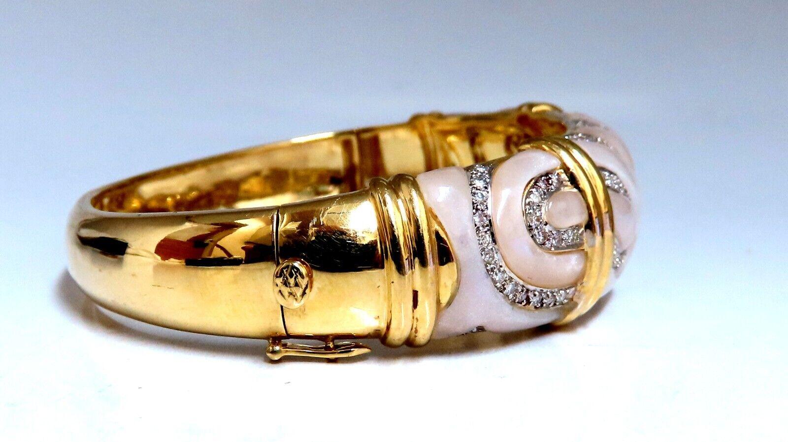 Round Cut Natural Diamonds Carved Mother of Pearl Bangle Bracelet 18kt For Sale