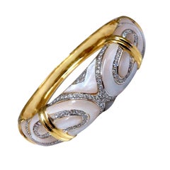 Natural Diamonds Carved Mother of Pearl Bangle Bracelet 18kt*