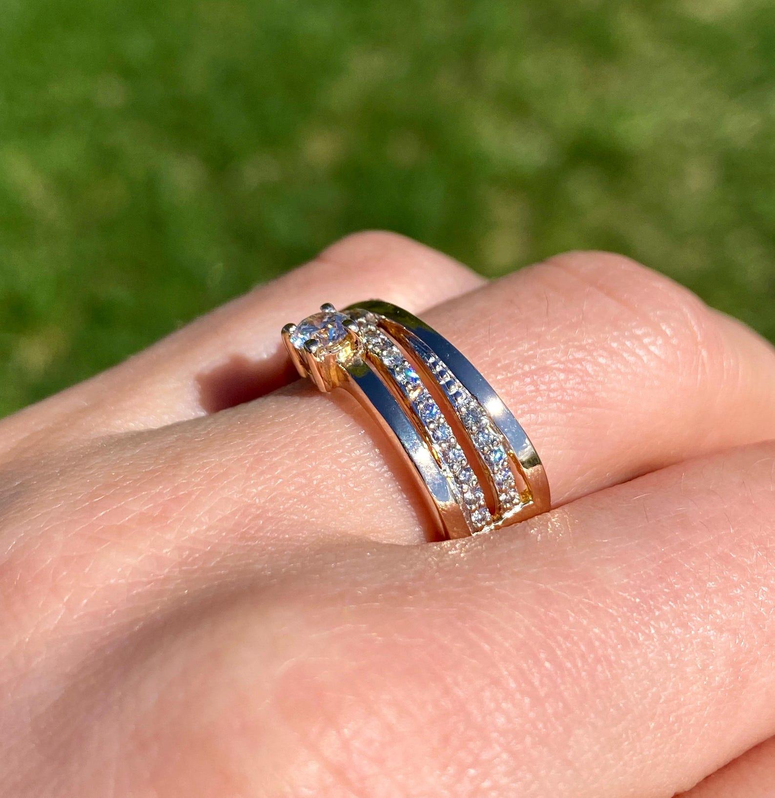 Taille brillant Bague en or rose massif 14 carats avec diamants naturels certifiée, taille 7US en vente