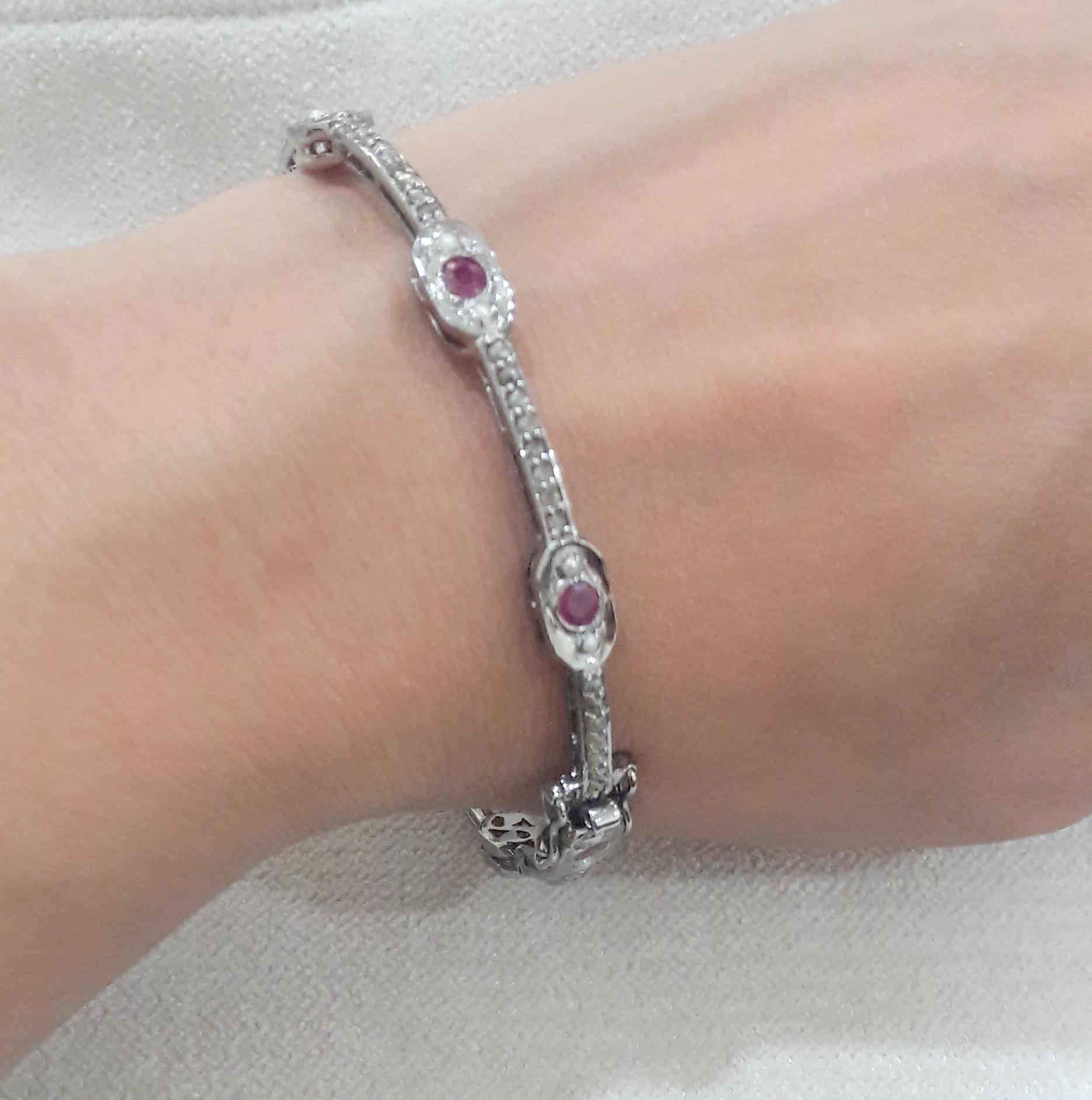 da uomo o donna Diamanti naturali Perla Rubino Bracciale a cerniera in argento ossidato in vendita