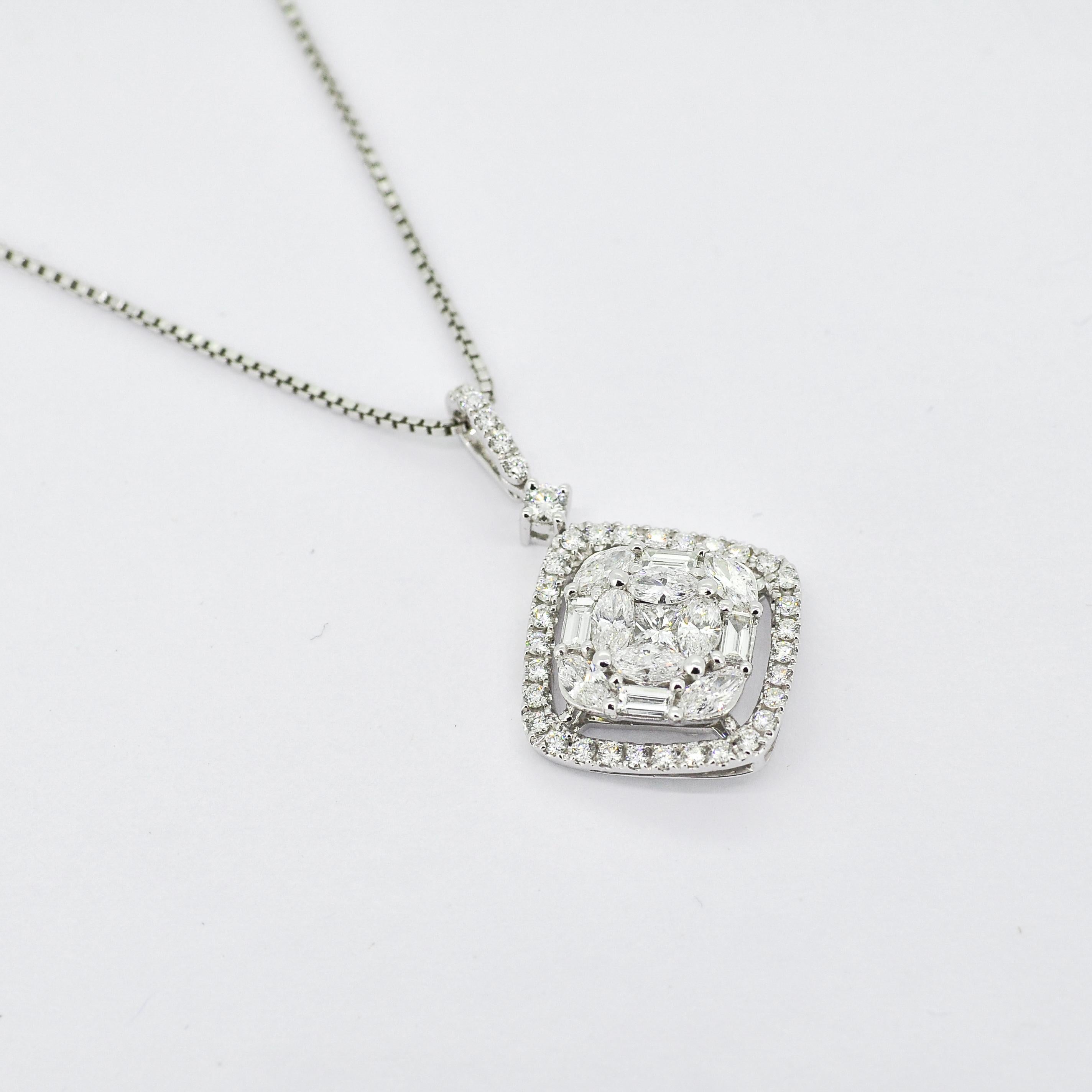 This stunning pendant necklace features a beautiful center princess diamond that takes center stage, set within an elaborate intricate design with Marquise diamonds and baguettes in a square halo of diamond pavé. This geometrically gorgeous design