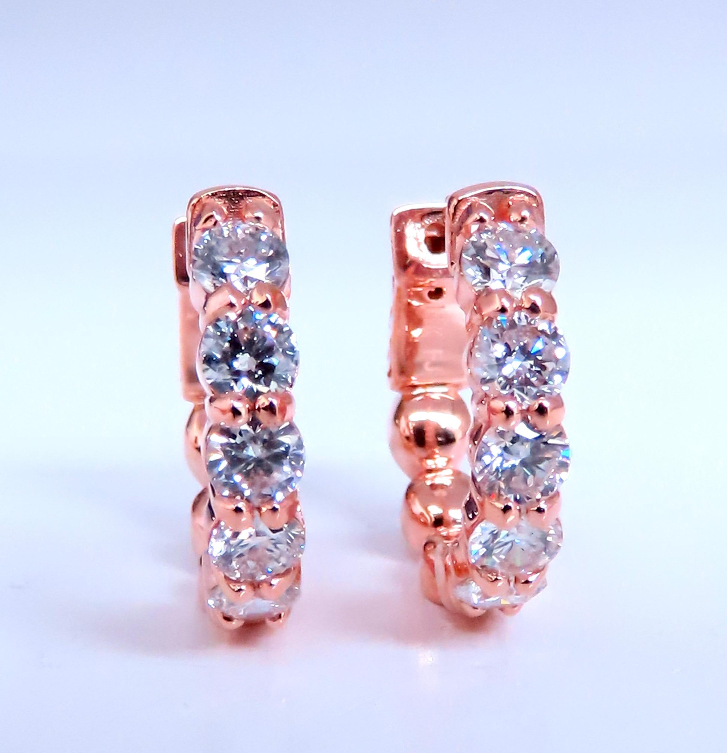 1.98ct Natural Round diamond hoop earrings.
Modern and functional button release closure.
G-color Vs-2 clarity.
14kt. rose gold.
7 grams
18.5mm wide
3.5mm diamond row 
Diamonds are within sharing prongs to serve max brilliance.

$6000 appraisal