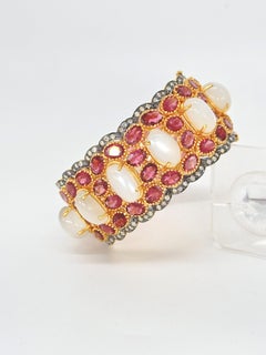 Diamantes naturales rubelita piedra lunar pulsera ancha de plata de ley brazalete