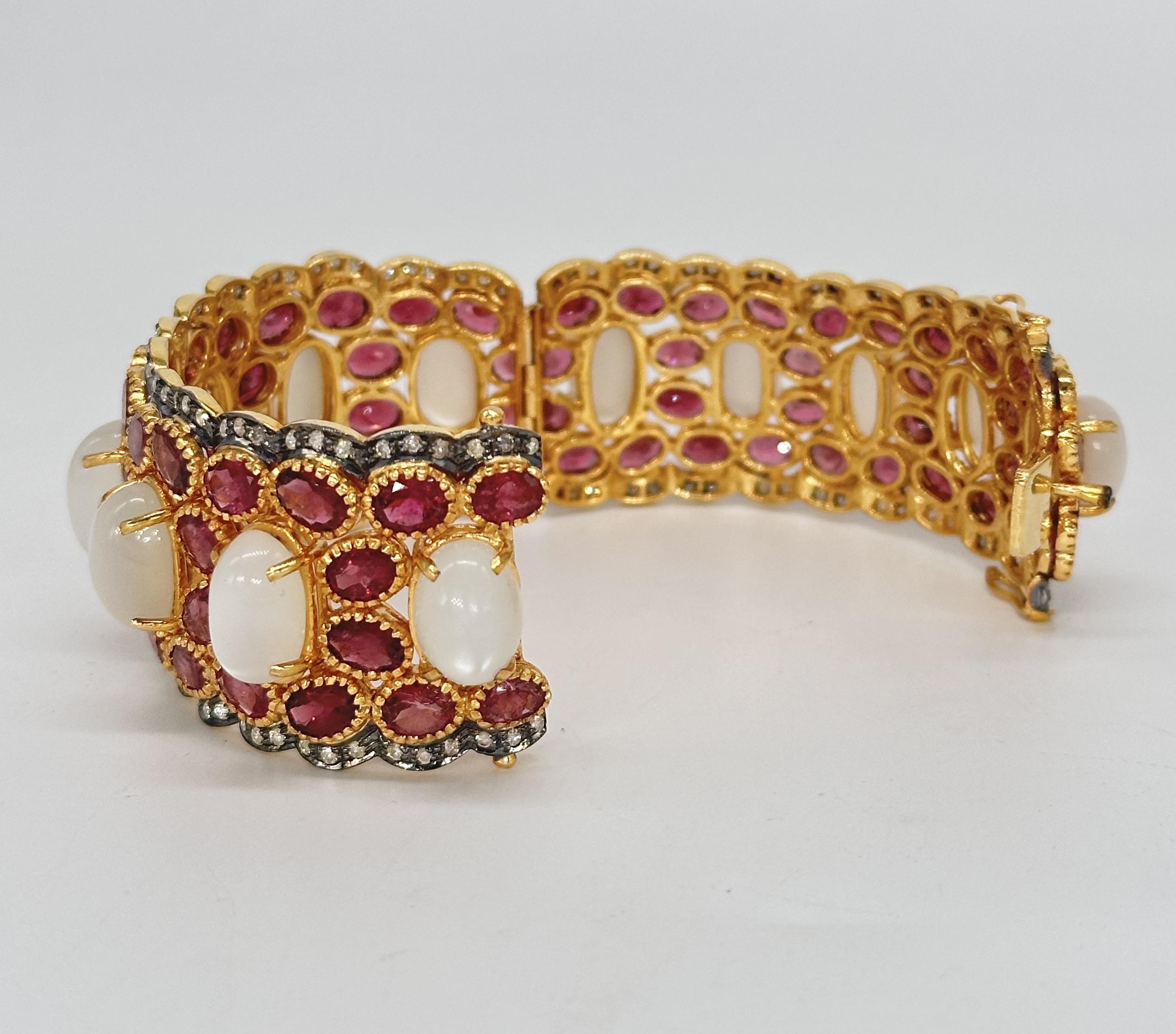 Rose Cut Natural diamonds rubellite moonstone sterling silver wide bracelet bangle For Sale
