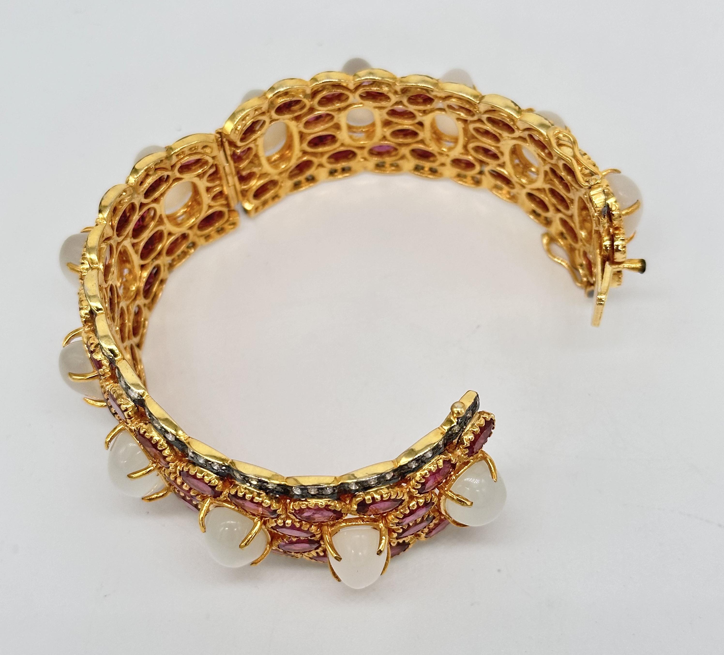 Natural diamonds rubellite moonstone sterling silver wide bracelet bangle In New Condition For Sale In Delhi, DL