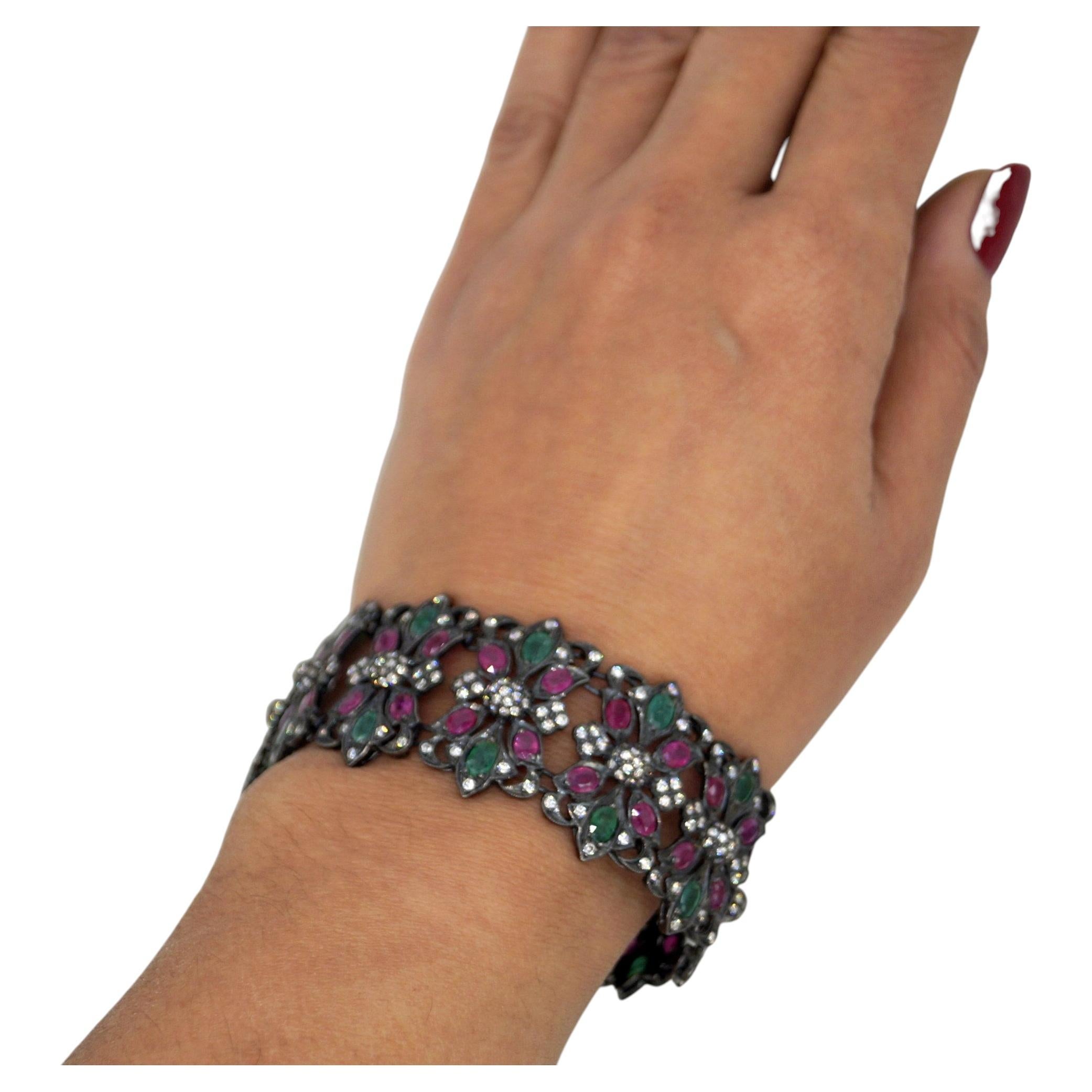 Natural Diamonds ruby emerald solid gold with black rhodium 7.25-inch bracelet For Sale