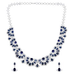 Natural Diamonds Sapphire 41 Carat 14K White Gold Necklace Earrings Jewelry Set