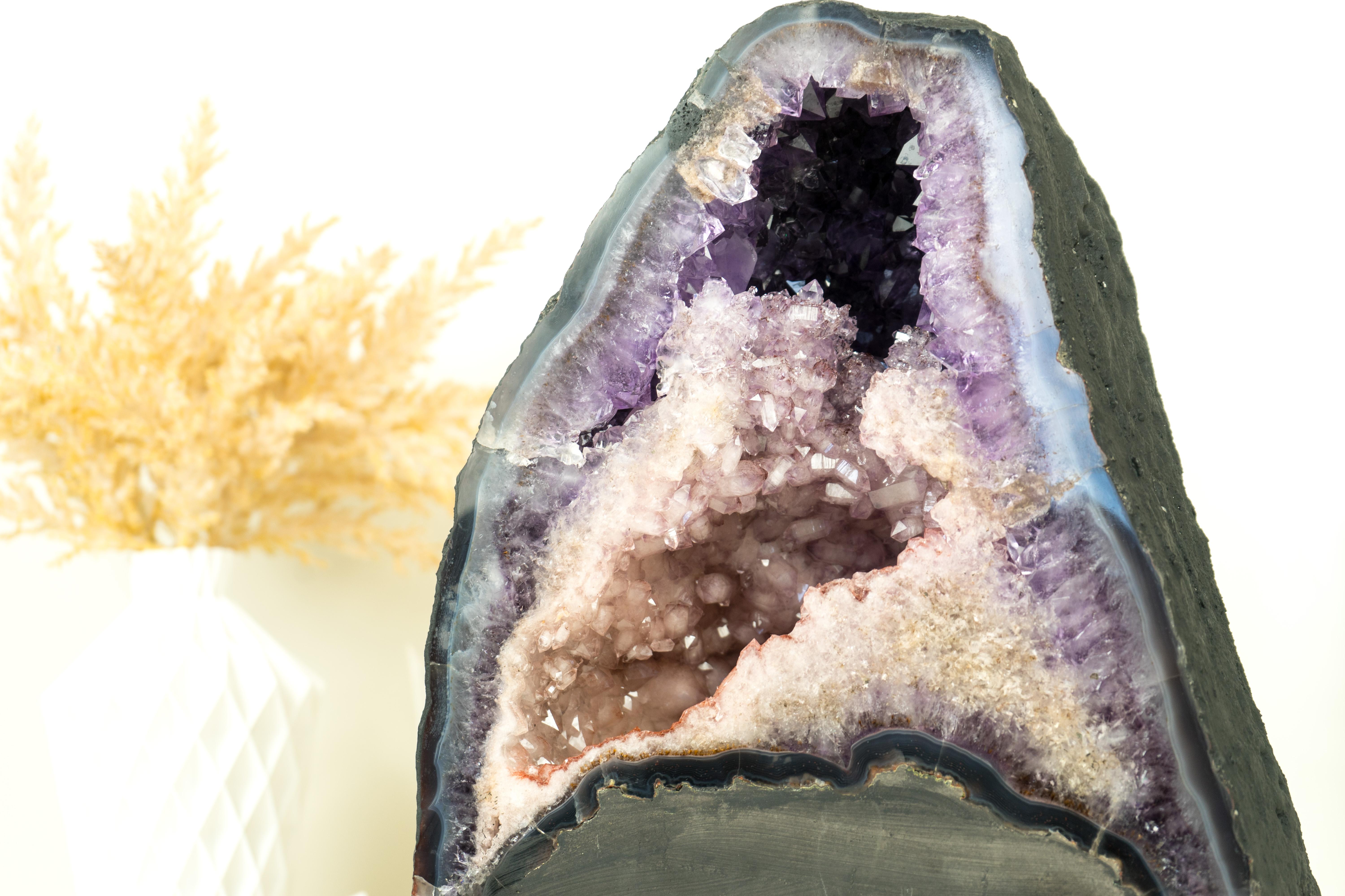Natural Double Amethyst Geode with Half Pink Quartz Druzy, Half Purple Amethyst For Sale 5