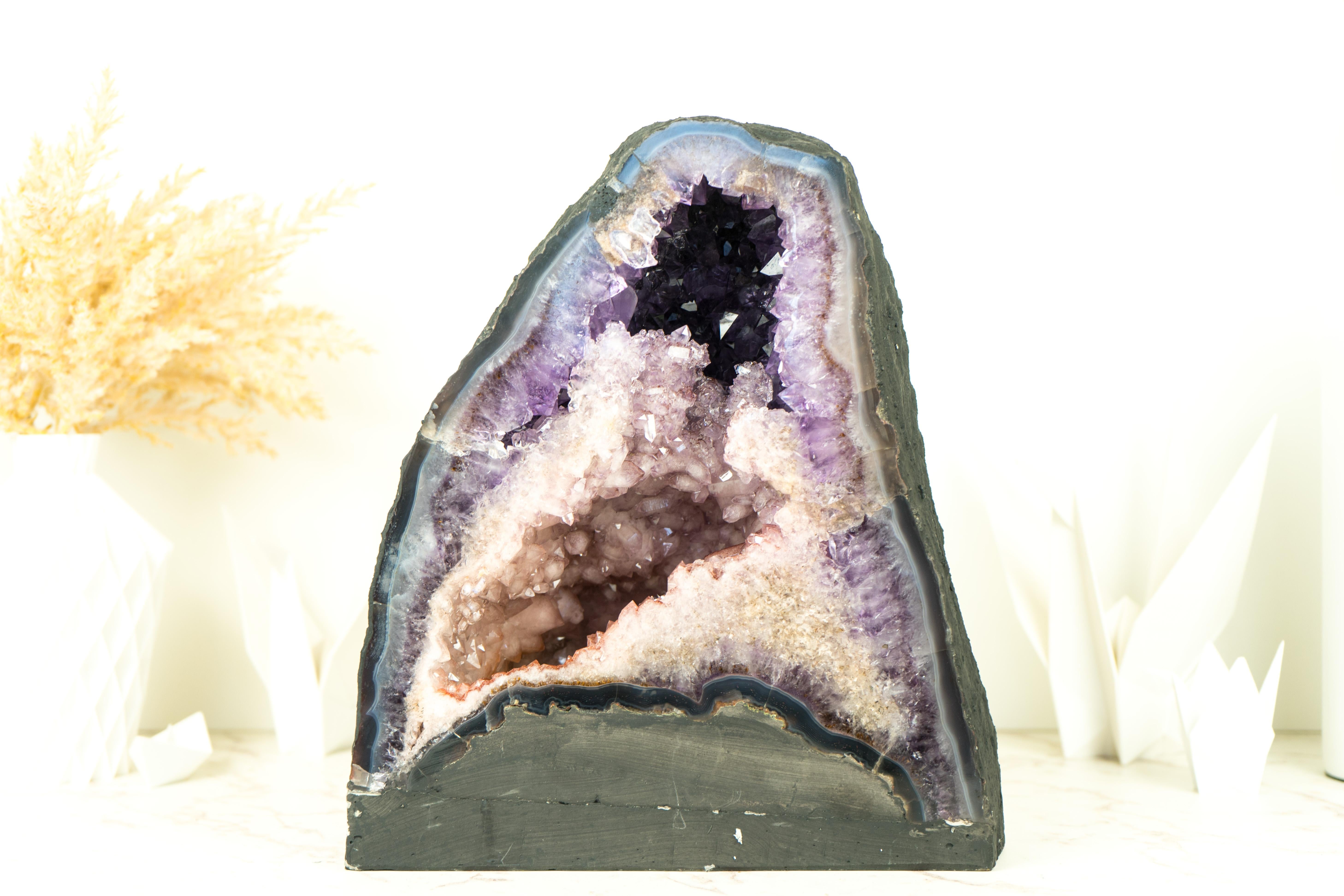 Natural Double Amethyst Geode with Half Pink Quartz Druzy, Half Purple Amethyst For Sale 6