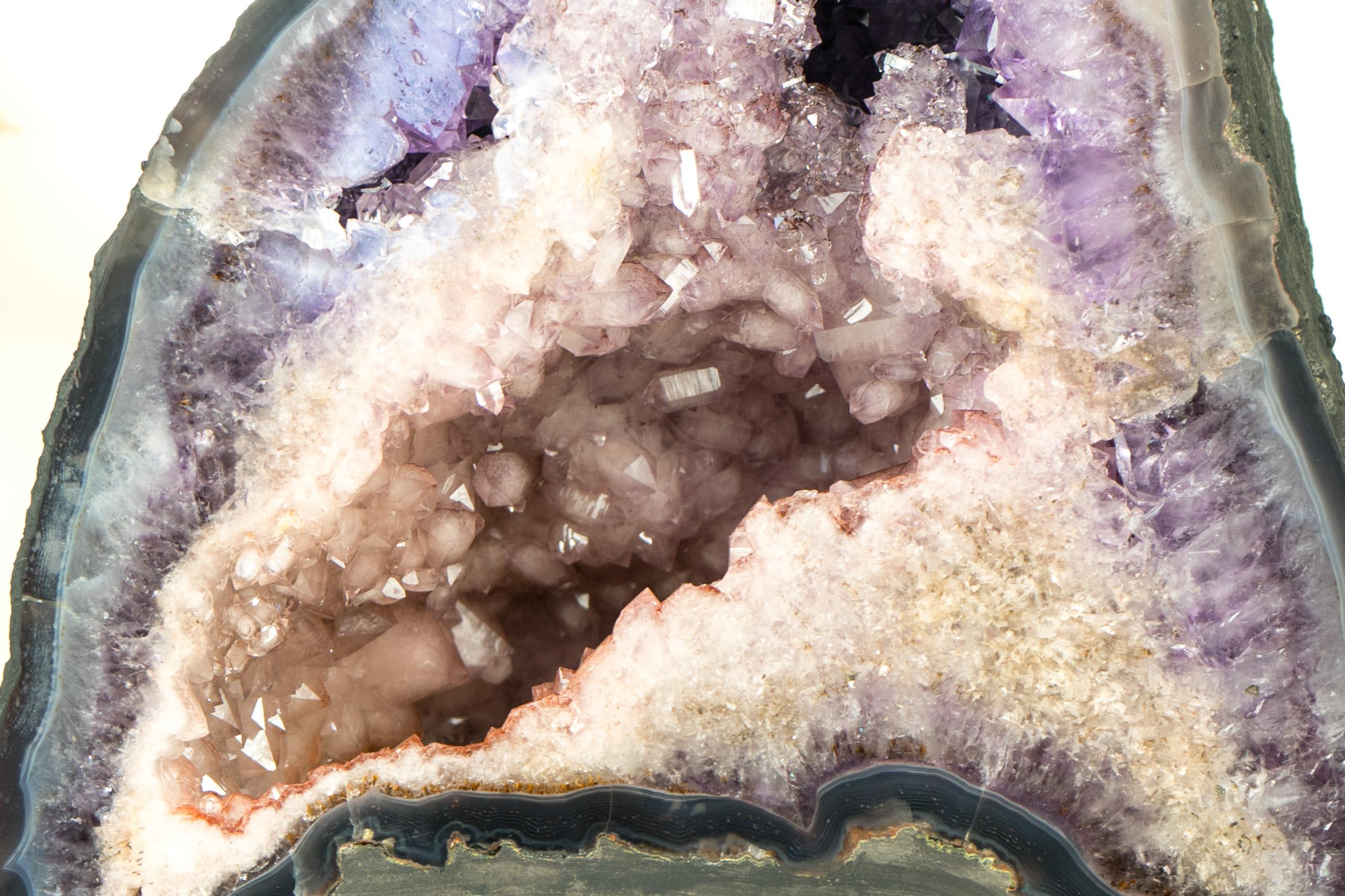 The fabulous specimen you are looking at is a Super Rare Amethyst Geode with half composed by Pink Quartz Druzy and half by Deep Purple Amethyst. A natural wonder to elevate any crystal collection or home decor, and will surely spark discussion