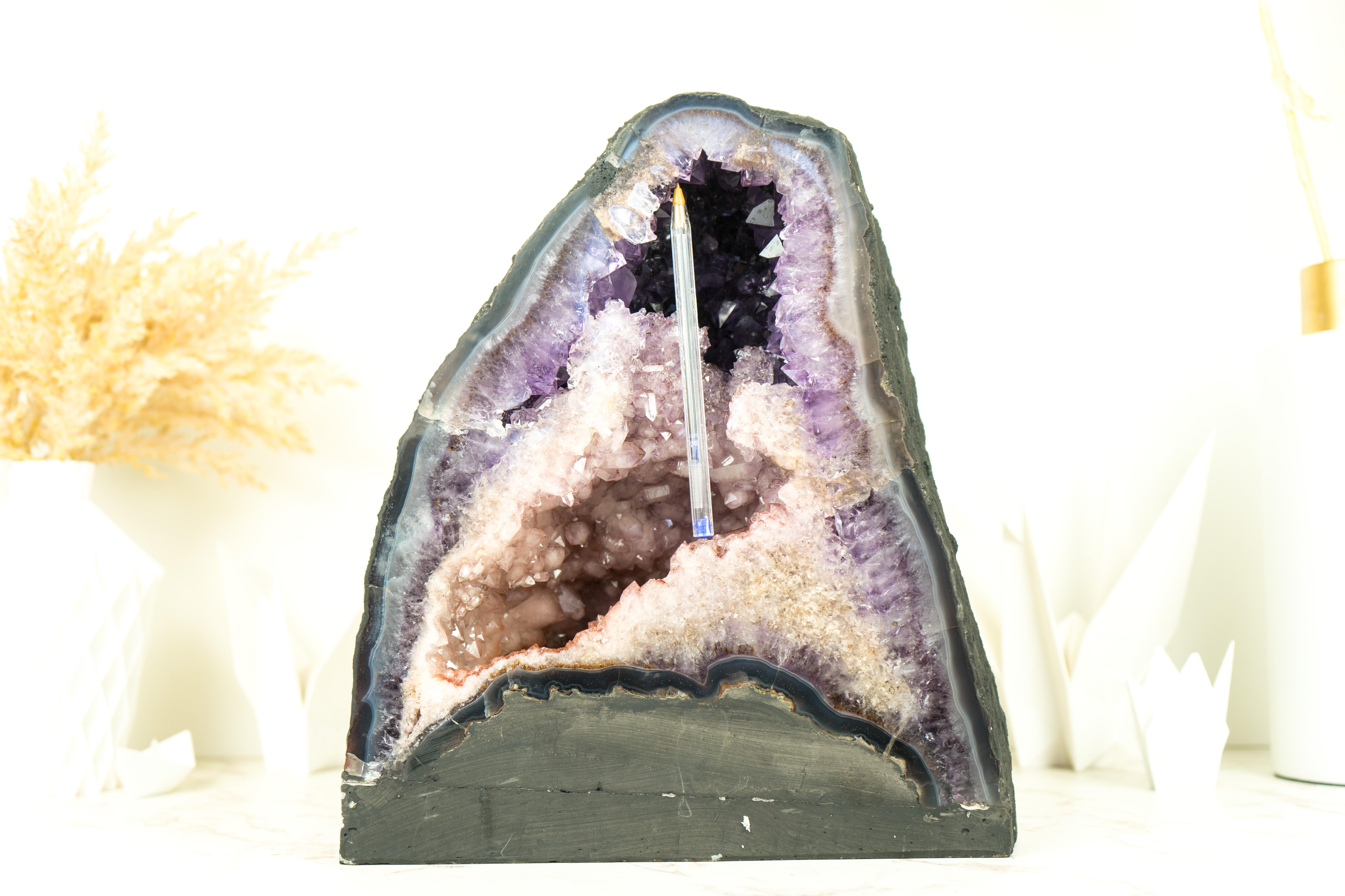 Brazilian Natural Double Amethyst Geode with Half Pink Quartz Druzy, Half Purple Amethyst For Sale