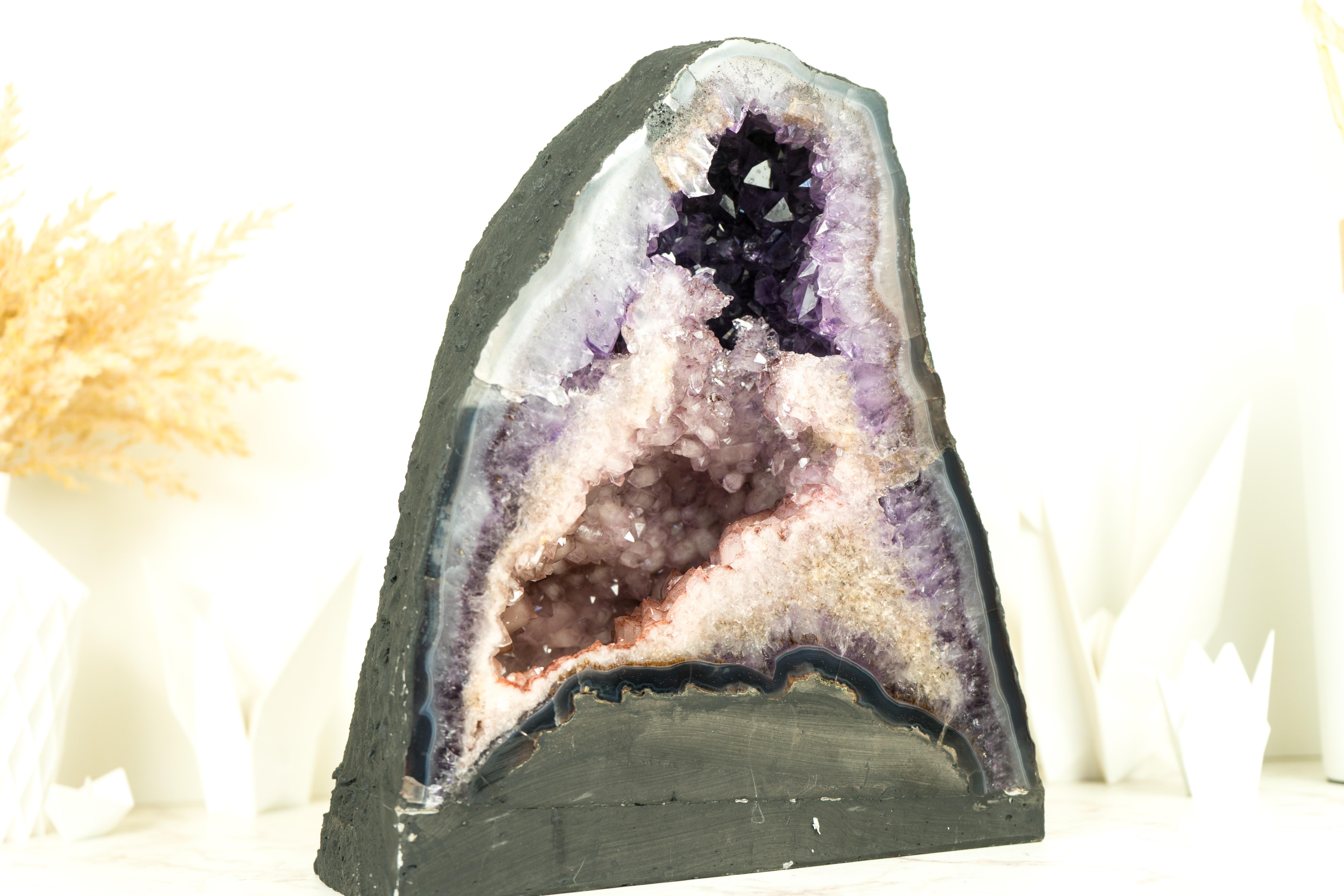 Natürlicher doppelreihiger Amethyst-Geode mit halber rosa Quarz Druzy, halber lila Amethyst im Zustand „Hervorragend“ im Angebot in Ametista Do Sul, BR