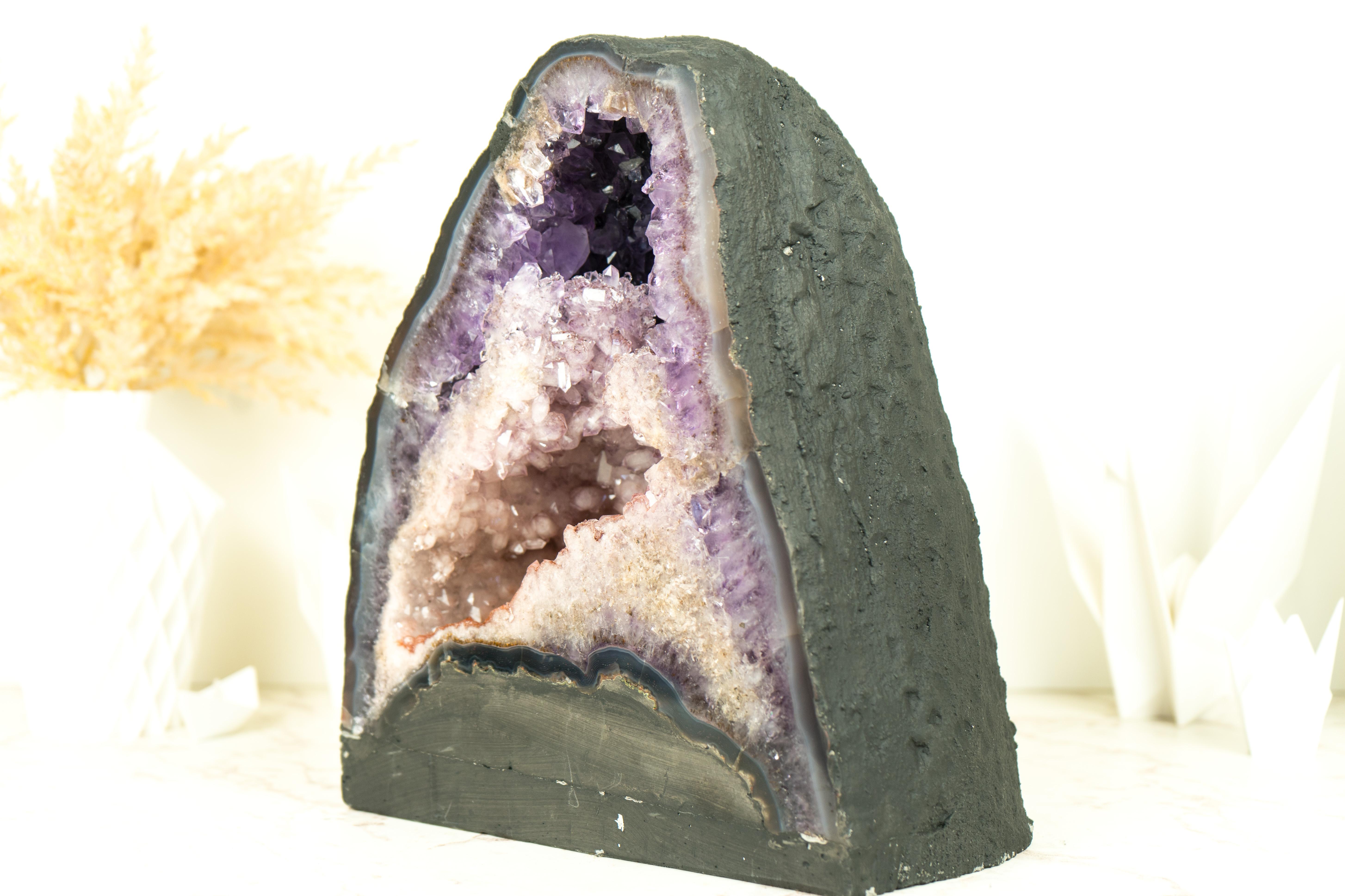 Contemporary Natural Double Amethyst Geode with Half Pink Quartz Druzy, Half Purple Amethyst For Sale