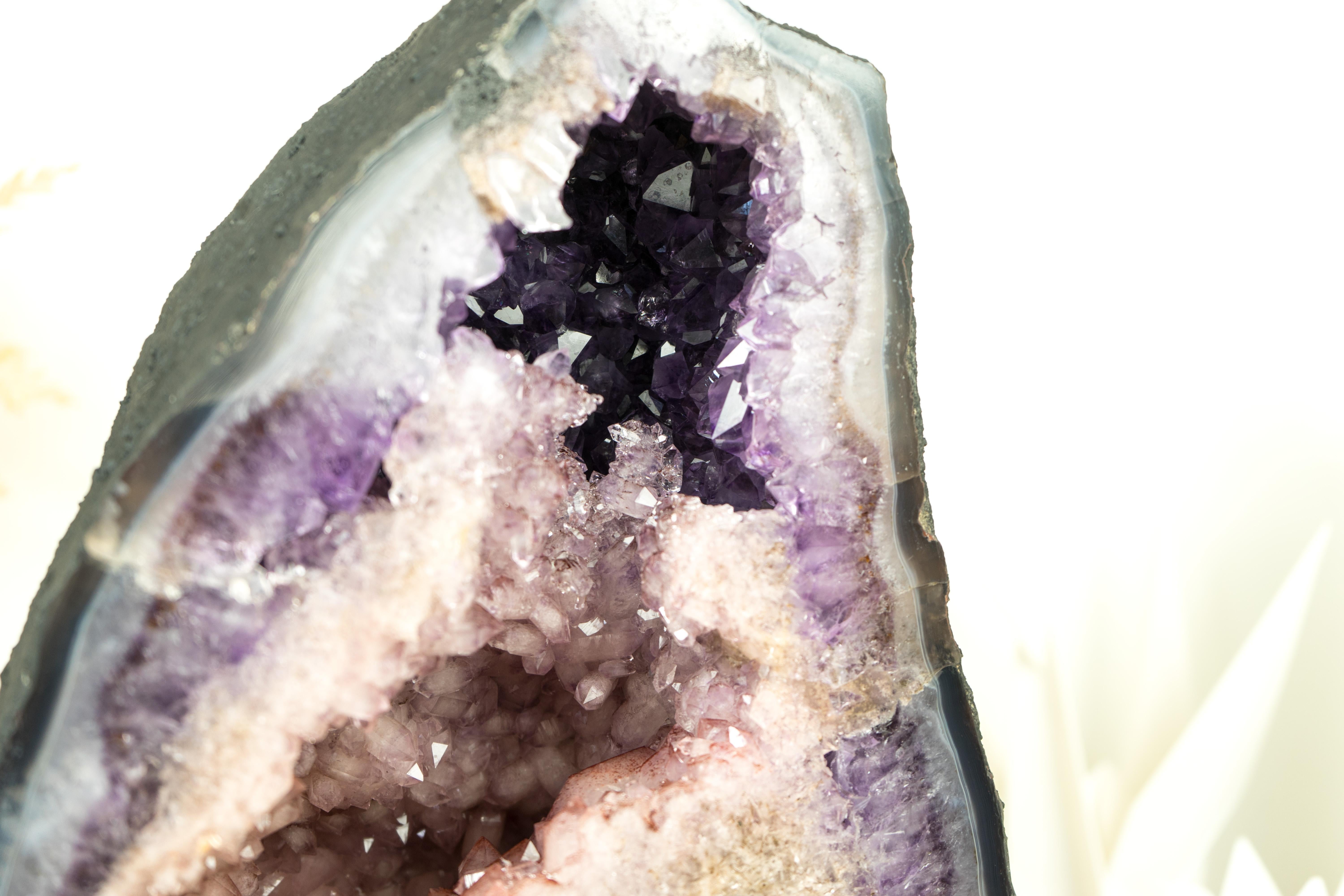 Agate Natural Double Amethyst Geode with Half Pink Quartz Druzy, Half Purple Amethyst For Sale
