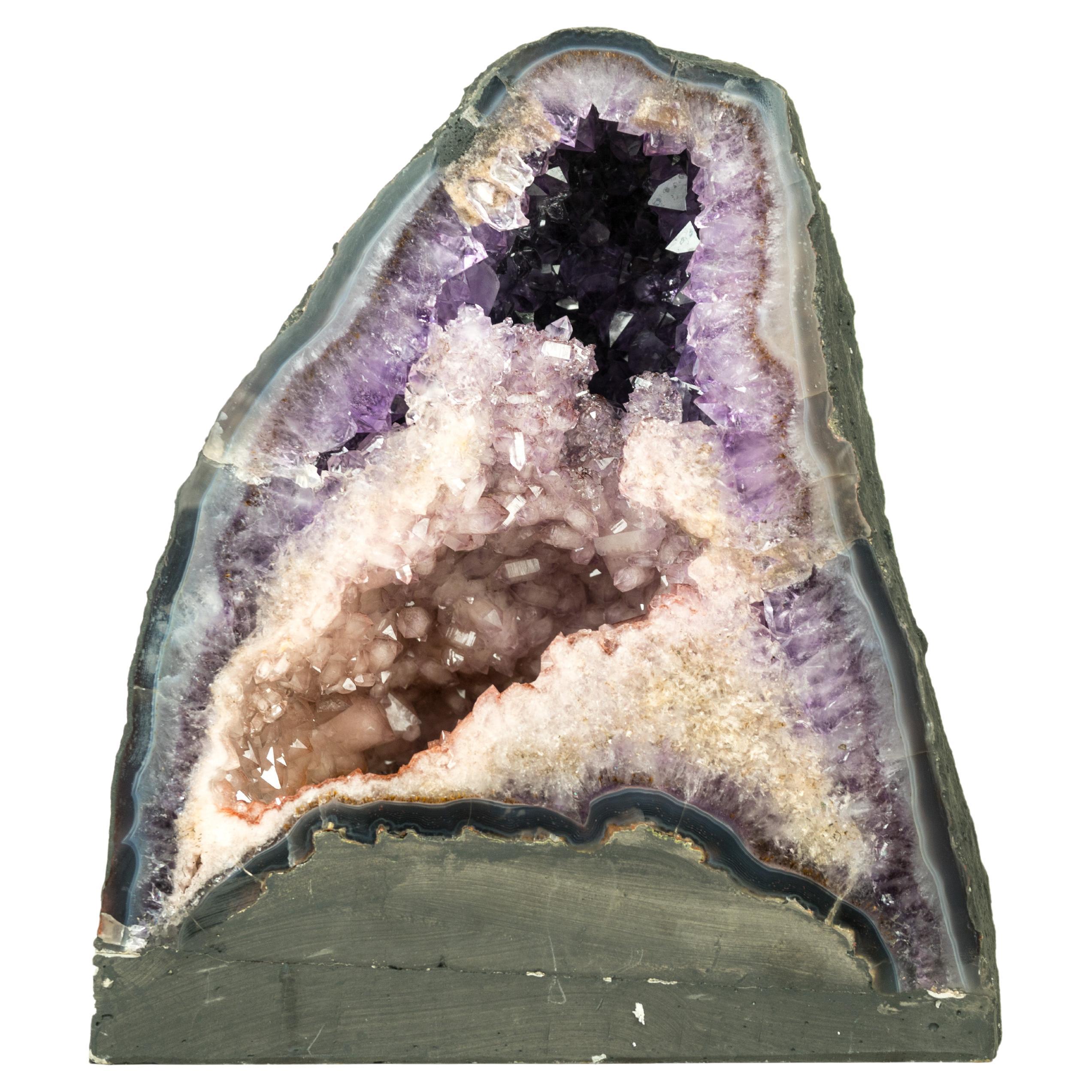 Natural Double Amethyst Geode with Half Pink Quartz Druzy, Half Purple Amethyst For Sale