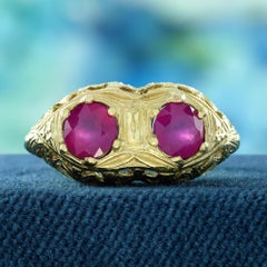 Natural Double Ruby Art Deco Style Filigree Ring in Solid 9K Yellow Gold