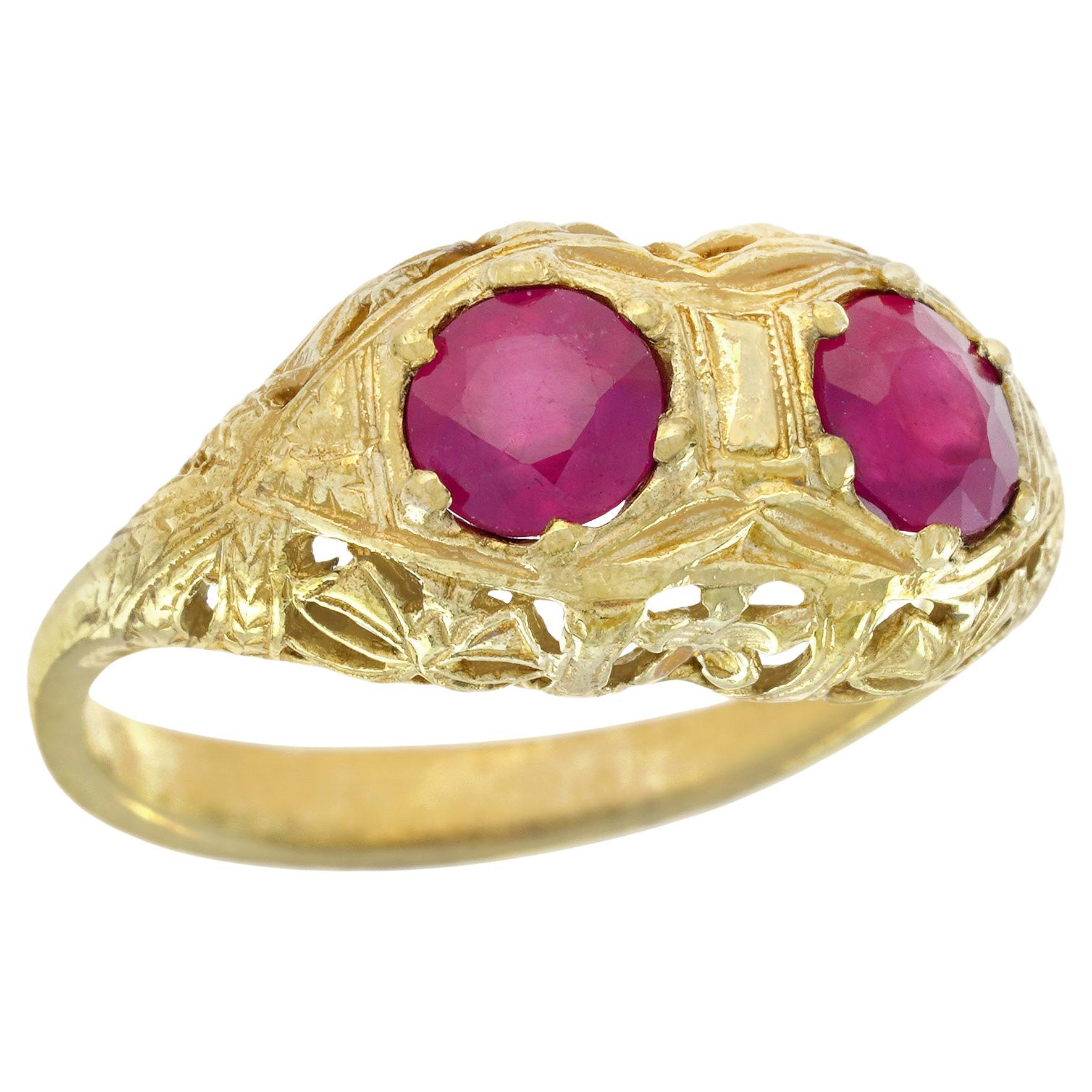 Natural Double Ruby Art Deco Style Filigree Ring in Solid 9K Yellow Gold