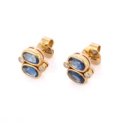 Natural Double Stone Blue Sapphire Diamond Stud Earrings in 18K Yellow Gold