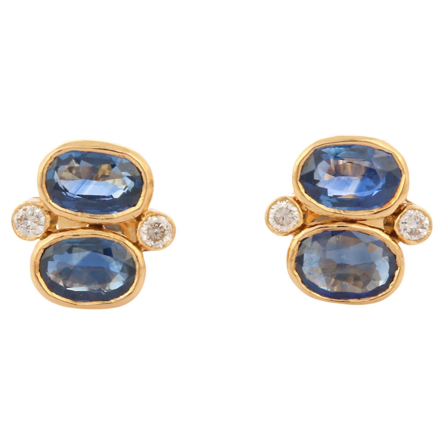 Natural Double Stone Blue Sapphire Diamond Stud Earrings in 18K Yellow Gold For Sale
