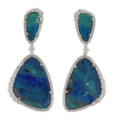 Natural Doublet Opal Diamond Halo Drop Earrings 18k White Gold