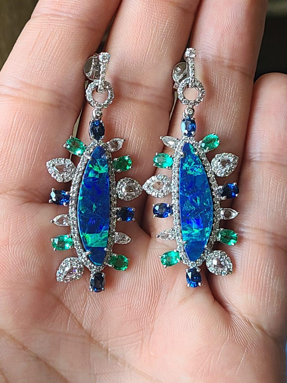 Modern Natural Doublet Opal, Emerald, Blue Sapphire & Diamonds Chandelier Earrings