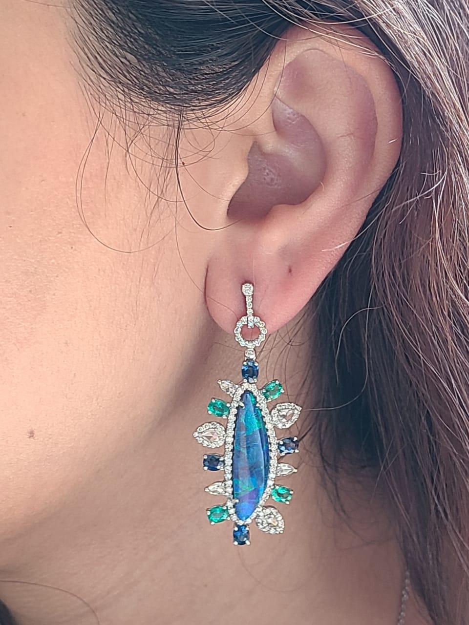 Rose Cut Natural Doublet Opal, Emerald, Blue Sapphire & Diamonds Chandelier Earrings
