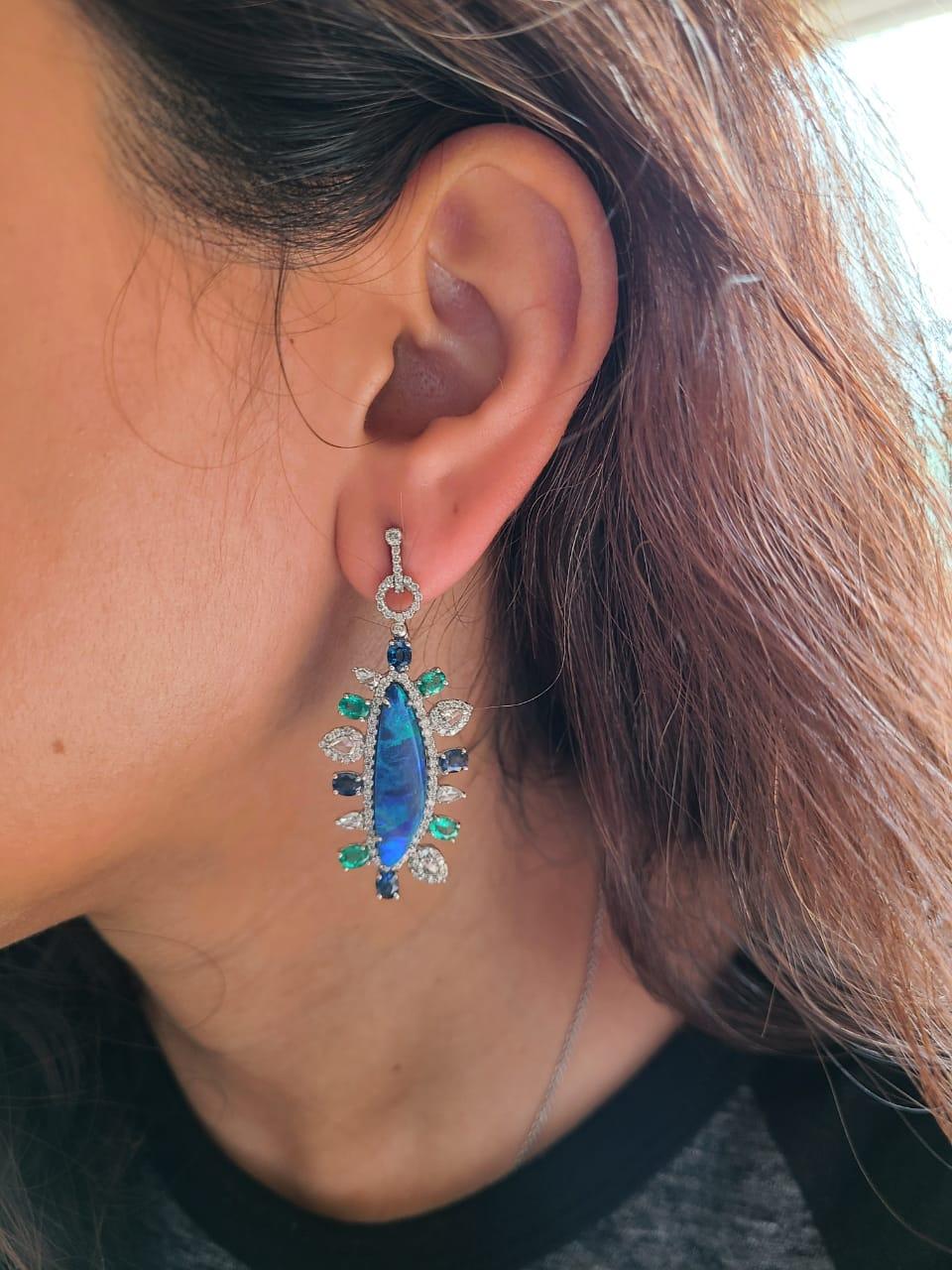 Natural Doublet Opal, Emerald, Blue Sapphire & Diamonds Chandelier Earrings In New Condition In Hong Kong, HK