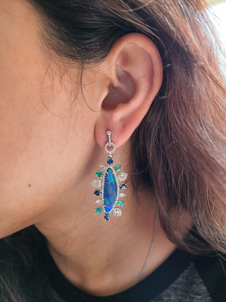 Women's or Men's Natural Doublet Opal, Emerald, Blue Sapphire & Diamonds Chandelier Earrings