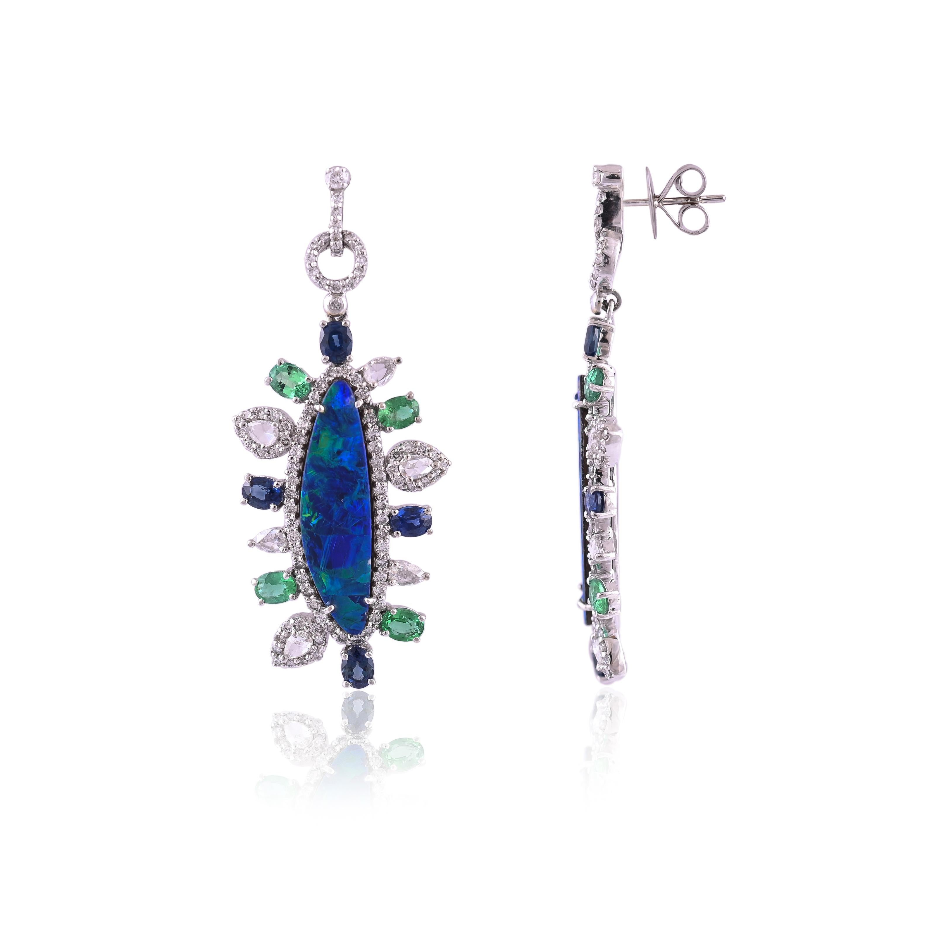 Natural Doublet Opal, Emerald, Blue Sapphire & Diamonds Chandelier Earrings 2