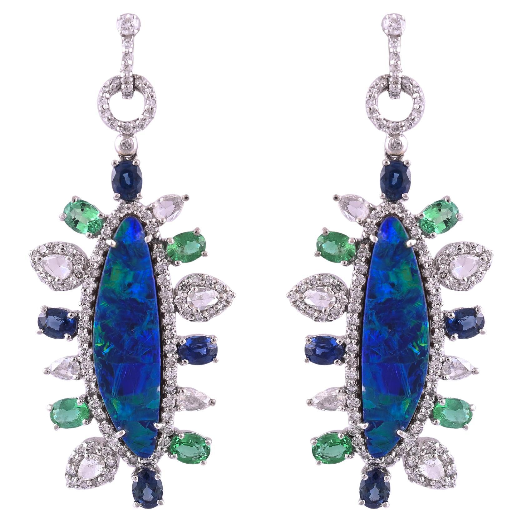Natural Doublet Opal, Emerald, Blue Sapphire & Diamonds Chandelier Earrings