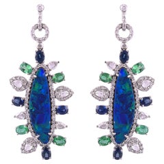 Natural Doublet Opal, Emerald, Blue Sapphire & Diamonds Chandelier Earrings