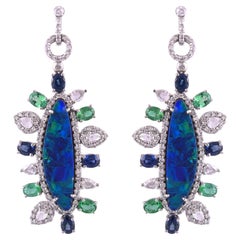 Natural Doublet Opal, Emerald, Blue Sapphire & Diamonds Chandelier/Dangle Earrings