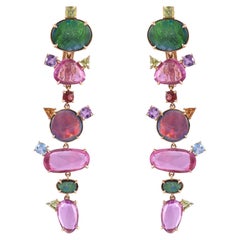 Natural Doublet Opal, Pink Sapphire 
Multi Sapphires Chandelier/ Dangle Earrings
