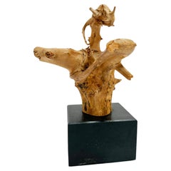 Natürliche Driftwood Drachenkopf Skulptur auf schwarzem Sockel