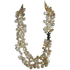 Natural Drop Coin Cultured Pearls Rock Crystal Exclusive 925 Clasp Necklace