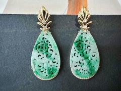 Natural Drop Shape Jade Carved Earrings with Pipa Design in 18K Gold & Diamond
