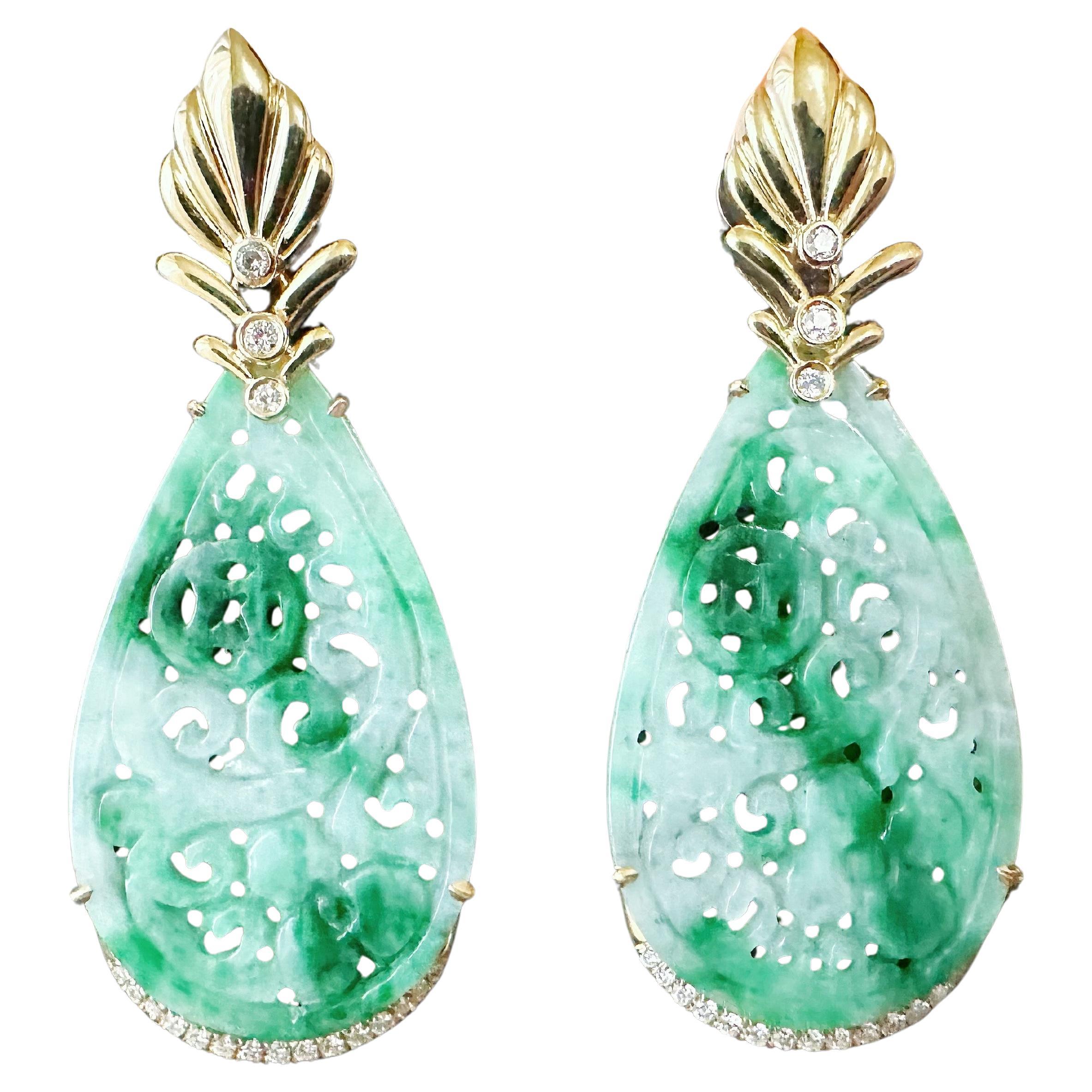 Natural Drop Shape Jade Carved Earrings with Pipa Design in 18K Gold & Diamond