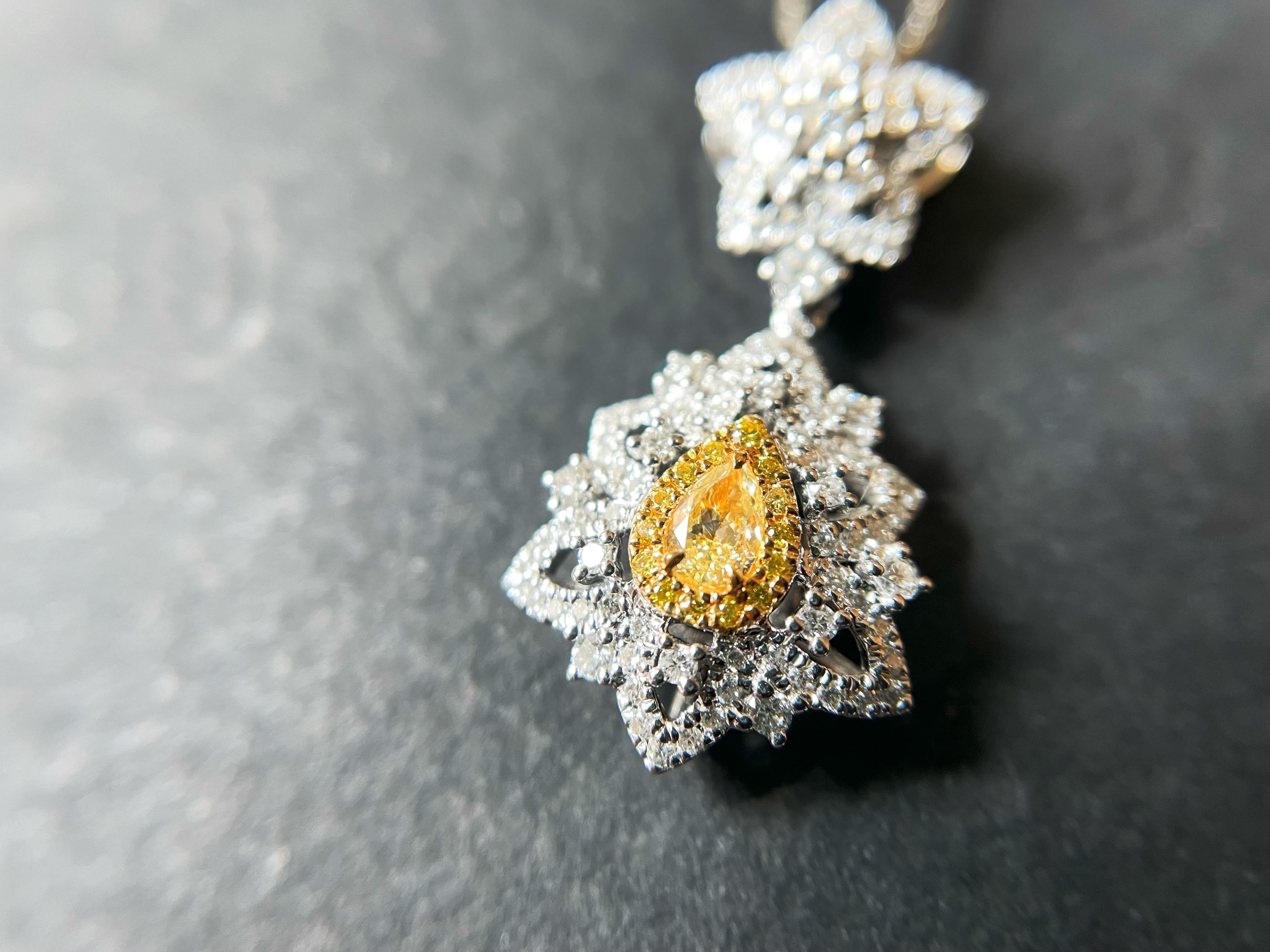 Victorian Natural Drop Shape Yellow Diamond Pendant set in 18K White Gold with Diamond  For Sale