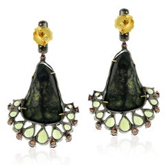 Natural Druzy Geode & Peridot Statement Earrings Accented With Garnet & Diamonds